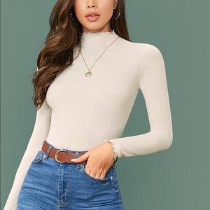 NWT Shein mock neck lettuce trim Tan fitted top S